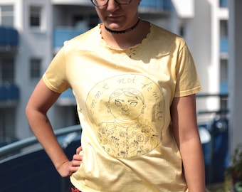 femme not female t-shirt M yellow, upcycled, non binary, queer