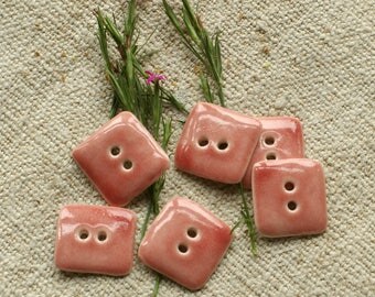 set of 6 shiny pink rectangle porcelain buttons