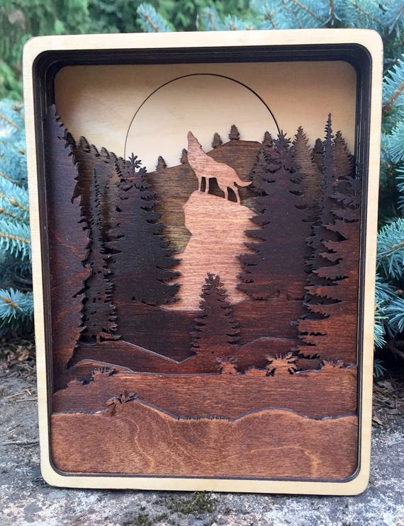 3D Laser Cut Shadow Box Howling Wolf and Moon Wood Scene