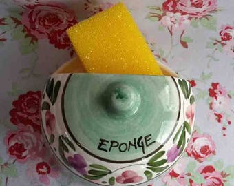 Vintage French Sponge Holder "Eponge" in French Writting Dish Plate Made in France Ceramic Flower Pattern Country Home Decor Hand Painted