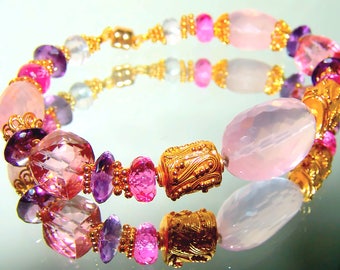Pink Topaz Amethyst Rose Quartz Bali Vermeil Sterling Silver Stacking Bracelet