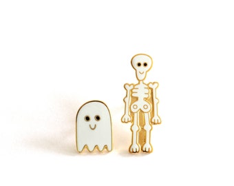 Skeleton and Ghost Pin Badges, Ghost Pin, Skeleton Pin, Lapel Pin, Hard Enamel Brooch, Enamel Pin Badges, RockCakes