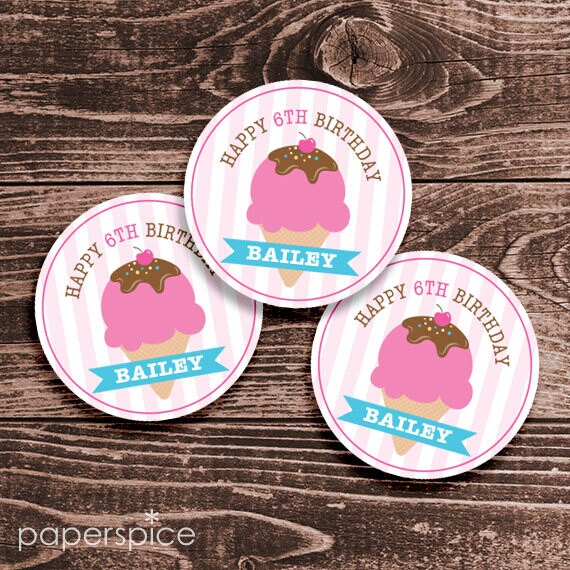 Personalized Ice Cream Party Tags or Stickers – 2, 2.5 or 3 Inch Circle – DIY Printable - Pink (Digital File) Il_570xn