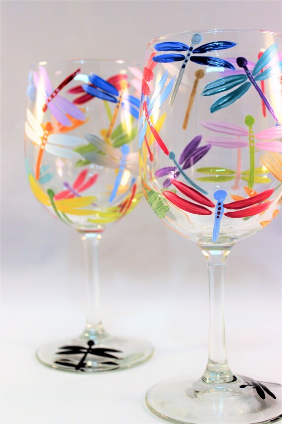 Hand painted wine glasses with multicolor dragonflies painted