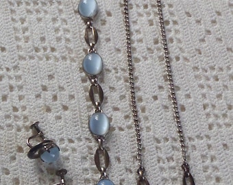 Vintage Moonstone Parure Sterling Silver WRE Bracelet, Necklace, Earrings