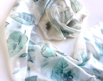 Silk scarf- hand painted scarf- white- mint green- pastel green leaves- decorative design- women gift idea-
