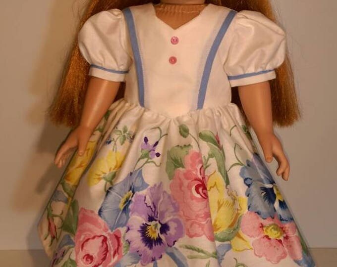 Short sleeve white dress pink and blue floral border fits 18 inch doll