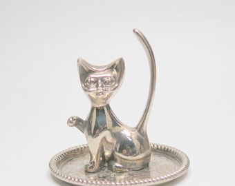 Vintage Silver Plated Cat Ring Holder, Silver Cat Ring Holder, Cat Jewelry Holder, Silver Vanity Decor, Silver Plate Cat Ring Tray Dish