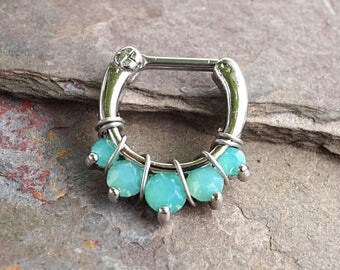 Septum Ring Septum Clicker Daith Piercing 16 Gauge Mint Green Opalite Crystal