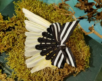 Yellow Taxidermy Bird Wing Hair Fascinator With Black Lace and Striped Bow
