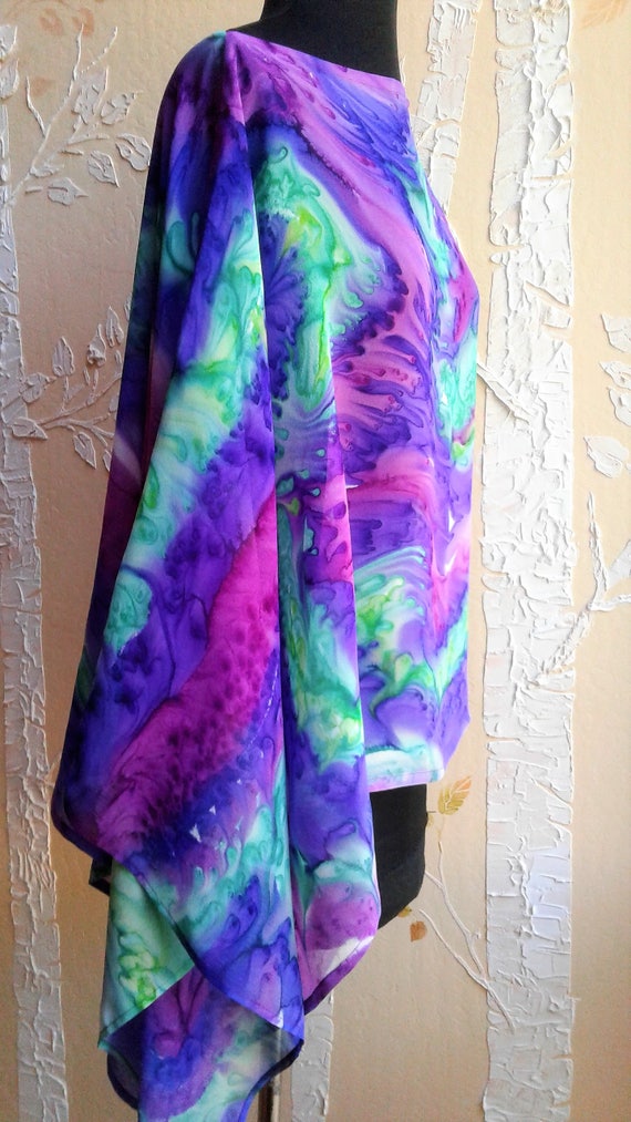 Asymmetrical Poncho Hand Painted Silk Chiffon in Teal Lime