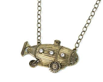 Antique Bronze Steampunk Airship Submarine Necklace with Crystals