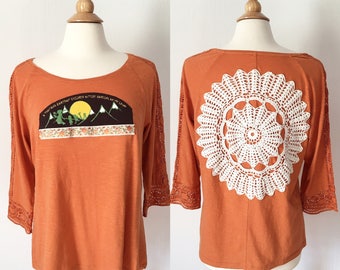 Phish inspired Down with Disease orange crochet festival top crochet applique Size Large - upcycled Phish t-shirt - Phish Top bakers dozen