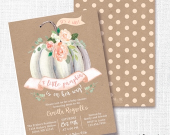 Little Pumpkin Baby Shower Invitation, Printable, Fall Shower Invite, Baby Girl, Sprinkle, White Pumpkin, Cottage Chic, Boho, Bohemian
