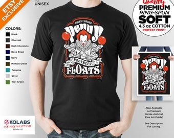 T Shirt of penny rootbeer floats horror clown inspired by it art clothing design for Men and Women by Kolabs Studios