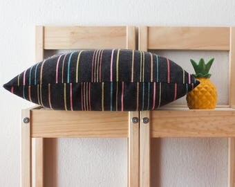 Denim pillow cover with multicolored stripes