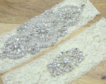 Emery Rhinestone Wedding Garter, Ivory Lace Bridal Garter, Heirloom Wedding Garter, Keepsake Garter, Toss Garter, Wedding Garter Set