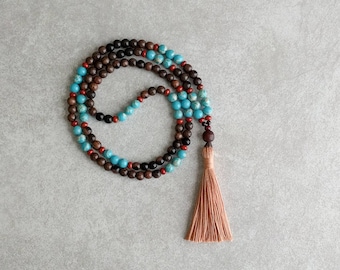 Mala Bead Necklace in Turquoise Magnesite and Wood with Red Jasper - Positive Attitude - Unconditional Love - Grounding - Item #960