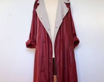 80s Oversized Boho Burgundy Raincoat, Marsala XL Preppy Belted Waterproof Trench Coat