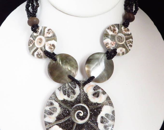 Black, Gray Bead Pendant Necklace, Vintage Boho Tribal Style Chunky Necklace