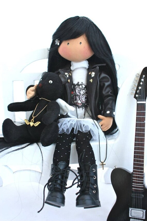 Rock and roll girl doll hearts guitar Art doll Unique doll