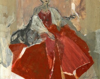 Original drawing, "Hommage à Watteau XVIII", mixed media on paper-collage, 16x15"