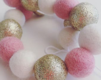 Light pink, ivory and gold glitter felt ball garland