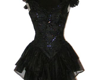 Vintage 1980s Black Beaded Lace tiered dress by Notorious in size 3