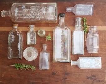 12 Antique Glass Bottles, Vintage Clear and Sun Purple Glass Bottles, Vintage Wedding Decor Vases, Old Jars, Apothecary Pharmacy Bottles