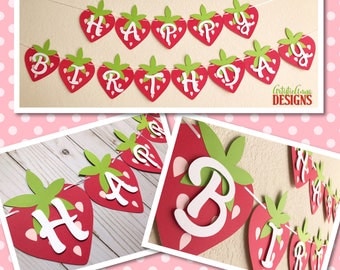 Strawberry Happy Birthday Banner- Strawberry Shortcake Party - Red Pink Green Birthday Decorations - Berry Birthday