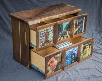 Record player stand with vinyl record storage display cabinet featuring live edge wood slab