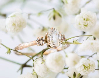 Oval three stone white sapphire engagement ring, 14k gold twig engagement ring, 14k gold sapphire twig engagement ring, promise nature ring