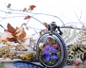 Terrarium necklace, pocket watch, real flower necklace, botanical necklace, fairy garden, statement necklace, victorian necklace