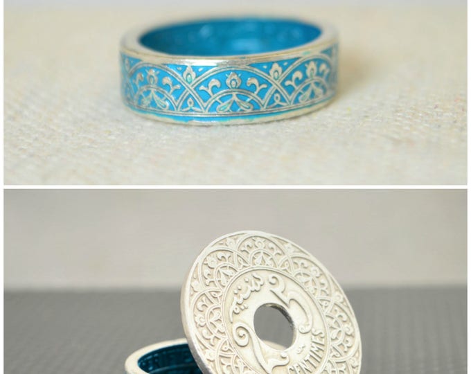 Moroccan Coin Ring, Turquoise Coin Ring, Stained Glass Ring, Turquoise Ring, Coin Art, Morocco, Silver Coin Ring, Moroccan Art, Boho Ring