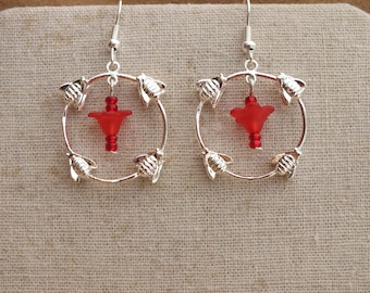 Bumble bee earrings, red flower earrings, silver and red earrings, summer earrings