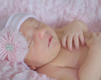 Newborn Hospital Hat with flower Baby Girl Hospital Hat hospital Beanie baby hospital cap with flower - PINK