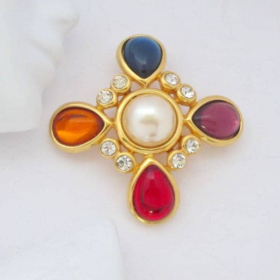 Joan Rivers signed Maltese Cross gold metal and Blue, RED, Purple, & Golden48crystals, mabe pearl bead PIN ~lovely vintage costume jewelry