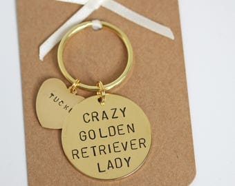 Crazy Golden Retriever Lady Hand stamped Keyring, Personalised with dogs name(s)
