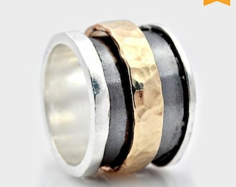 SALE Spinner fidget ring, Handmade Silver and Gold Spinning Ring, Spinning Band, Wide Spinning Ring, Oxidized Spinning Ring, ring for women