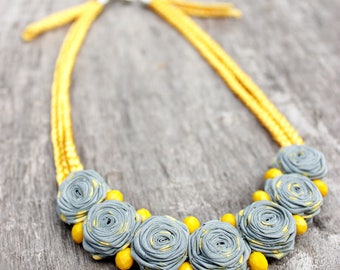 Summer outdoors Collar necklace Rustic jewelry Yellow gray necklace Birthday gift|for|her Fabric jewelry Gift|for|wife Modern Bead necklace