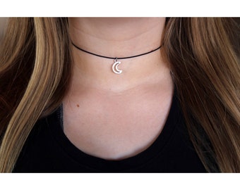 MOON CHOKER NECKLACE: Silver Moon Choker, Boho Moon Choker, Thin Cord Moon Choker, Celestial Moon Choker, 90s Moon Choker, Choker Necklace