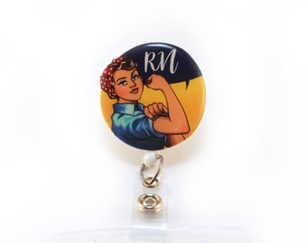 We Can Do It RN Retractable ID Badge Reel - modern Rosie the Riveter - Swivel Alligator or Belt Clip - ID Badge - Nurse gift - Nurse's Week