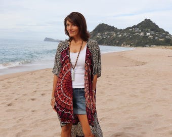 Kimono robe - Plus size in Autumn colors mandala Boho Beach Kimono jacket- with sequins Med - Large size -