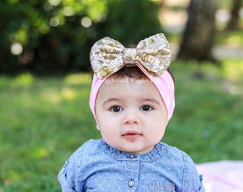 Pink and gold baby headband, infant head wraps, gold bow, baby girl headband, infant headbands, baby bows, 1st birthday, pink polka dot
