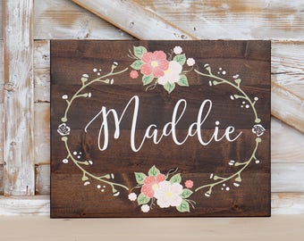 Custom Name Sign Nursery Wall Art Hand painted Flowers Shabby Chic Baby Girl Personalized Baby Gift Girls Room Pink Nursery Floral Chic
