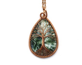 Seraphinite-necklace Copper-jewelry Tree-of-Life necklace pendant Wire wrapped copper necklace pendant Protection necklace Gift-for-women