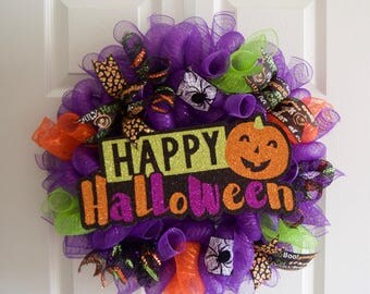 Halloween Wreath Halloween Wreaths for Front Door, Geo mesh Deco Mesh Wreath, Spider Web Ribbon, Glitter Sign Wreath, Fall Autumn Wreath