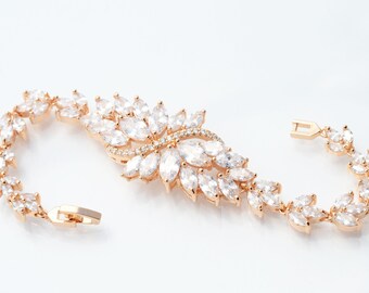 Bridal Bracelet Rose Gold Bridal Bracelet Wedding Bracelet Cubic Zirconia Gold Bracelet Bridal Jewelry Rose Gold Bracelet Flower Bracelet