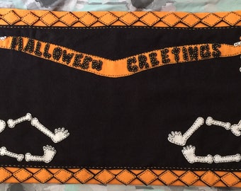 Halloween table runner,applique,penny rug,wool felt,100% wool felt,candle mat,skeletons,orange,black,white