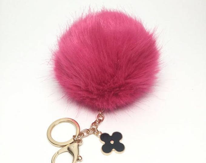 Hot Pink Faux Rabbit Fur Pom Pom bag Keyring keychain fake ball puff
